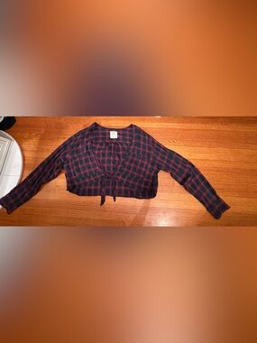 Style Rack Red and Hunter Green Plaid Cropped Button-Down Tie Front Shirt